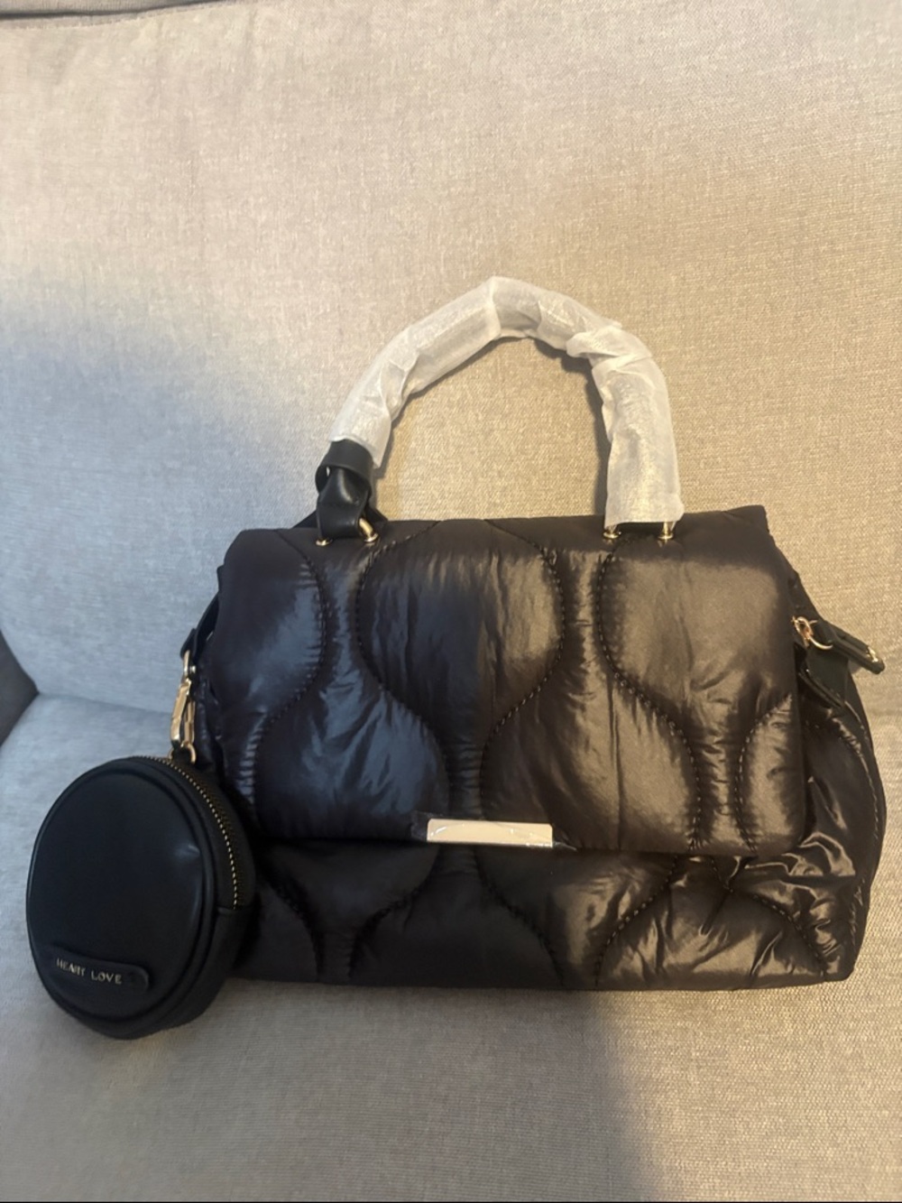 Quilted Puffer Satchel Bag in Black